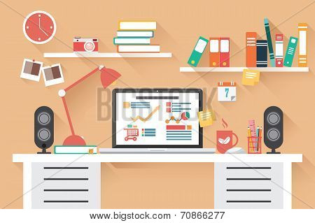 Home office desk - flat design, long shadow, work desk, computer and stationery