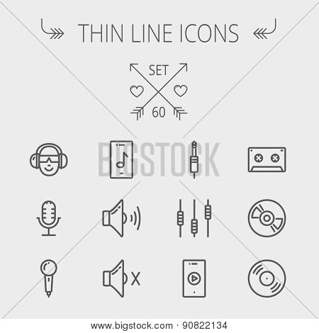 Music and entertainment thin line icon set for web and mobile. Set includes- loudspeaker, headphone, microphone retro, cassette tape, control volume, vinyl disc icons. Modern minimalistic flat design