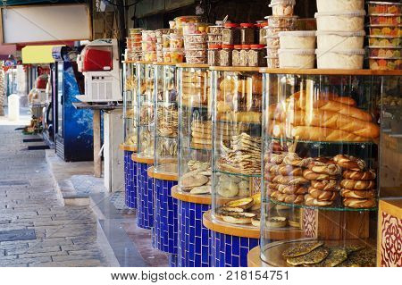 Street food Jaffa Old City Israel. Variety of Jewish street bakery. Traditional Middle East bread in Jaffa.