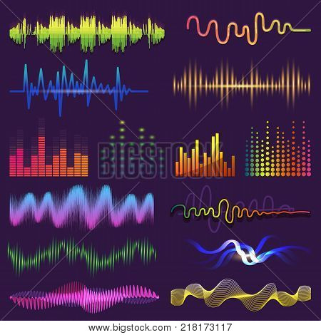 Music waves of sound on radio vector audio sounding waveform and wavelength of soundtrack and waved voice with soundwave volume isolated illustration.