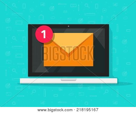 New email on laptop vector illustration, flat cartoon design of computer and e-mail envelope with notification received, idea of newsletter, electronic mail or letter on screen isolated icon