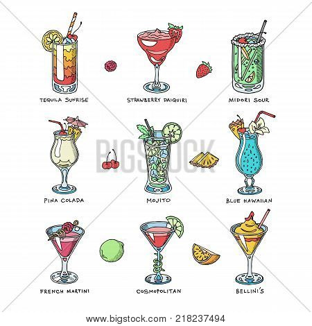 Cocktail vector alcohol beverage drinking alcoholic tequila martini drink cocktail in glass with pina colada mojito and cosmopolitan or drinkable bellinis isolated on white background illustration.