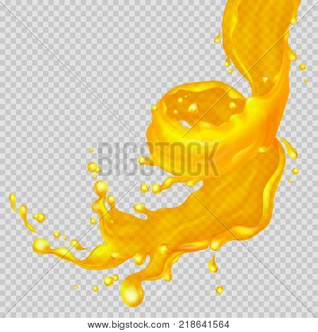 Transparent orange liquid splash flowing in a spiral. Juice background. Water, honey, oil, juice, beer, shampoo. Vector illustration.