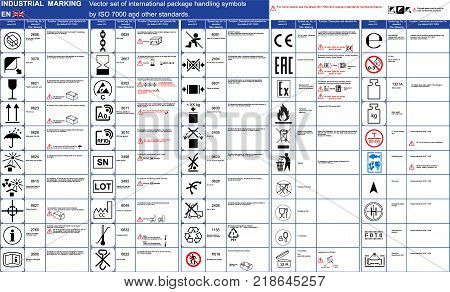 Industrial package marking Vector set of official ISO 7000 package handling icons symbols Package symbols icons application rules with illustrations examples. Packaging icons symbols set Cargo packaging marking signs. ISO 7000 package vector symbols set