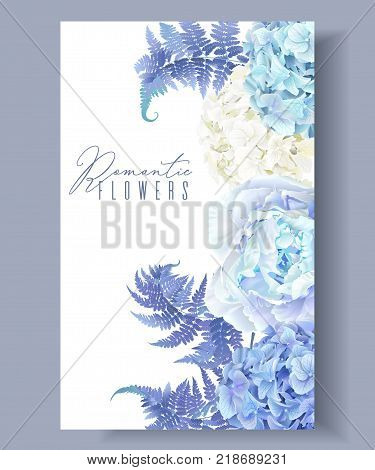 Vector botanical border with blue peony, hydrangea and fern. Floral design for natural cosmetics, perfume, women products. Best for greeting card, wedding invitation. Can be used as winter background