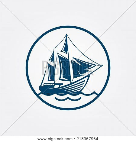 Sailing ship or frigate warship vector isolated icons set. Navy or maritime transport symbol of yacht with mast and sails, ironclad sailboat or pirate boat float drifting on sea waves,eps 8,eps 10