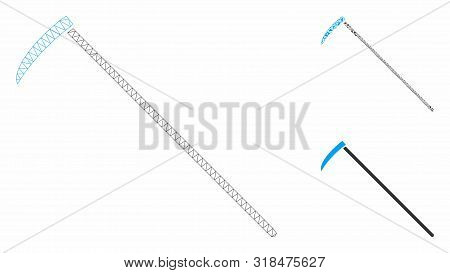 Mesh Scythe Model With Triangle Mosaic Icon. Wire Carcass Triangular Mesh Of Scythe. Vector Mosaic O