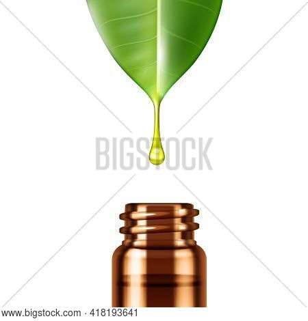 Realistic Aromatherapy Composition With Drop Of Essential Oil Dripping Off Green Leaf Into Glass Bot