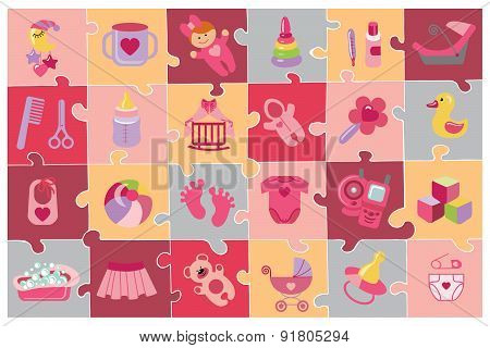 Newborn Baby girl icons set.Baby shower puzzle