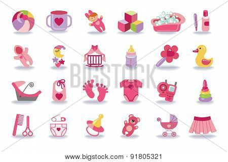 Newborn Baby girl icons set.Baby shower kit