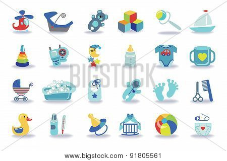 Newborn Baby boy icons set.Baby shower kit