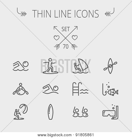 Sports thin line icon set for web and mobile. Set includes- wind surfing, pool, swimming, surfboarding, kayak, wind surf, snorkeling, fishing icons. Modern minimalistic flat design. Vector dark grey