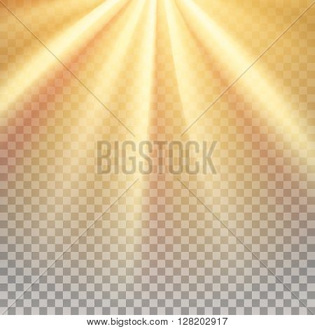 Yellow sun rays. Warm orange flare. Glaring effect with transparency. Abstract glowing light background. Ready to apply. Graphic element for documents, templates, posters, flyers. Vector illustration