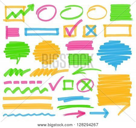 Highlighter marker design elements. Set of highlighter marks stripes strokes shaded speech bubbles and arrows. Optimized for one click color changes. Transparent colors EPS10 vector.