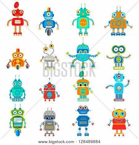 Vector set of retro robots in flat style, vintage cute robots. Toy robots vector