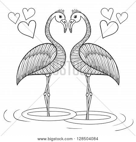 Coloring page with Flamingo birds in love, zentangle hand drawing illustartion tribal totem bird for adult Coloring books or tattoos, logo, postcard. Vector monochrome sketch of exotic bird.