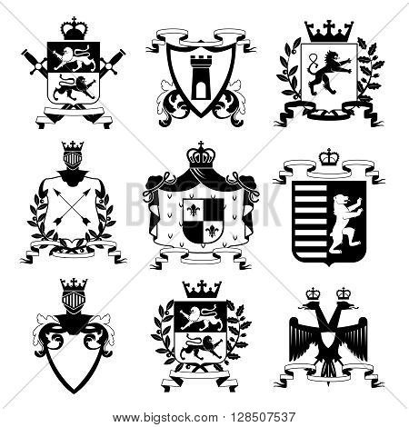 Heraldic coat of arms family crest and shields emblems design black icons collection abstract isolated vector illustration