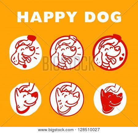 Vector flat hand drawn happy dog portrait. Dog logo isolated on yellow background. Dog icon. Dog store, dog barberry, dog shop, dog clinic, dog center, dog food. Dog illustration. Animal accessories.