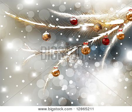 Abstract Christmas card with white snowflakes, winter fur tree branches, baubles and lights