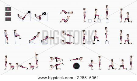 Set Of Sport Exercises. Exercises With Free Weight. Exercises In A Gym. Leg Lifts, Squats, Push-ups,