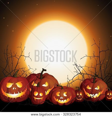 Halloween Background With Pumpkins And Moon. Night Before Halloween. Pumpkin Jack Skeleton Face. Hal