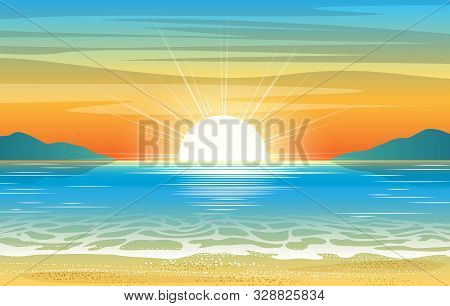 Seascape Sunset. Summer Ocean Abstract Illustration With Sun Dawn And Sea Water, Vacation Sunrise Ba