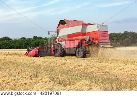 Wheat Harvesting On Field In Summer Season. Combine Harvester Harvests Ripe Wheat. Agriculture. Proc