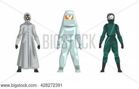 Man In Hazmat Suit As Personal Protective Equipment With Impermeable Garment Vector Set