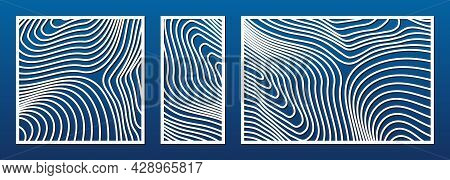 Laser Cut Pattern Set. Vector Template With Trendy Abstract Geometric Pattern, Curved Lines. Trendy 