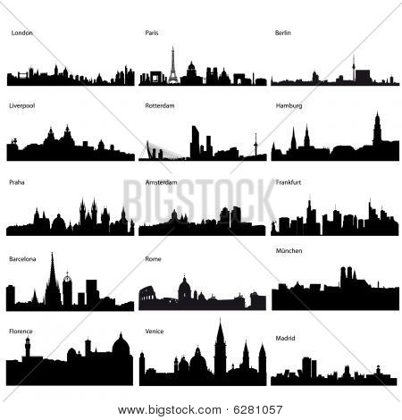 Gedetailleerde vector silhouetten van Europese steden