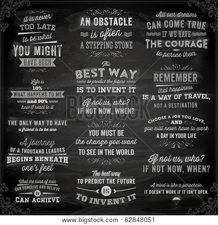 Set of Quotes Typographical Posters, Vector Design. Motivational Quotes for Inspirational Art. Chalkboard Background, Chalk Design.