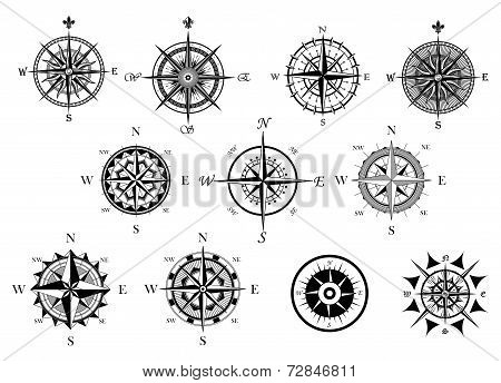 Nautical wind rose and compass icons set