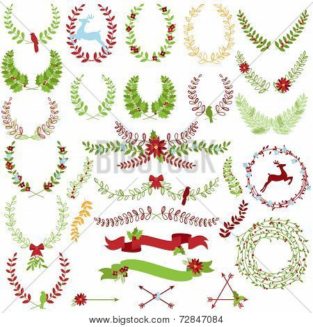 Vector Collection of Christmas Holiday Themed Laurels and Wreaths