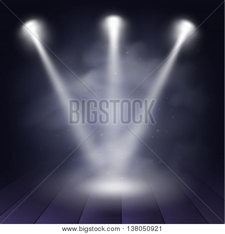 Spotlight disco illuminated wooden scene decoration club theater. Vector projection presentation background illustartion. Spotlight background vector. Stage spotlight. Spotlight effect on scene.