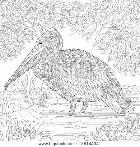 Stylized pelican standing among water lilies (lotus flowers) and pond algae. Freehand sketch for adult anti stress coloring book page with doodle and zentangle elements.