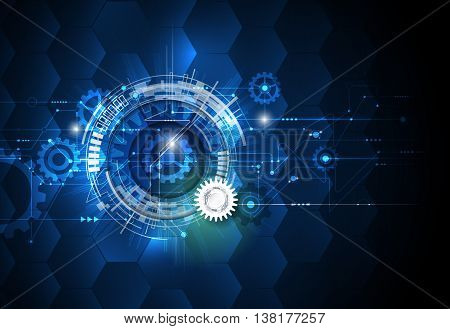 Vector illustration gear wheel hexagons and circuit board. Hi-tech digital technology and engineering digital telecom technology concept. Abstract futuristic on light blue color background