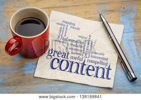 great content writing word cloud on a napkin with a cup of coffee, business writing and content marketing concept