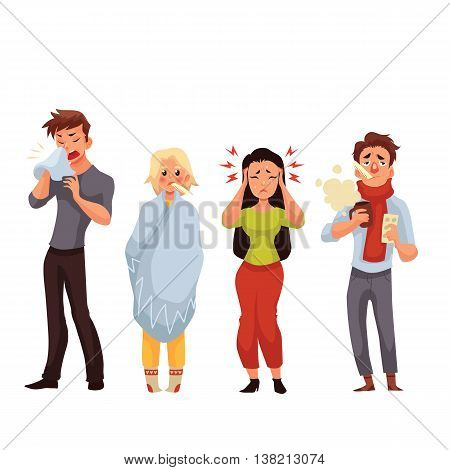 Set of sick people cartoon style vector illustration isolated on white background. People feeling unwell, having cold, seasonal flu, high temperature, running nose, and headache