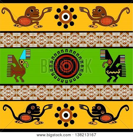 Monkey, eagle, sun. Ethnic pattern of American Indians: Aztecs, Mayans, Incas. Vector illustration.