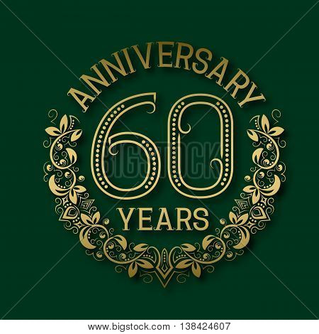 Golden emblem of sixtieth years anniversary. Celebration patterned logotype with shadow on green.