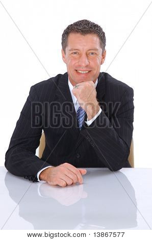 young business man on a desk, isolated on white