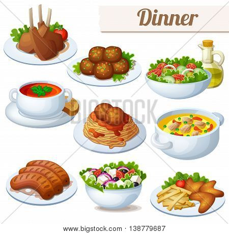 Set of food icons isolated on white background. Dinner. Lamb chops, spaghetti with meat balls, salad with olive oil, cream soup, bollion, grilled sausages, greek salad, and chicken wings.