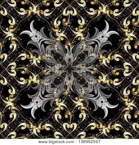 Seamless vintage pattern on black background with golden and silver elements.