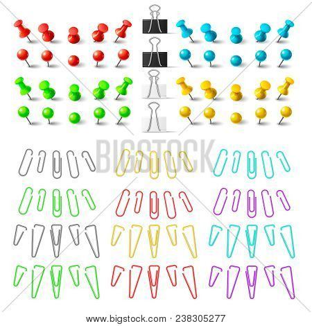 Colorful Pushpins And Paperclips, Steel Binders, Stationer Elements. Top View Color 3d Realistic Pin