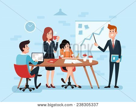 Office Teamwork Or Business Meeting, Talking Employees In Office. Busy Corporate Cartoon Workers. Bu