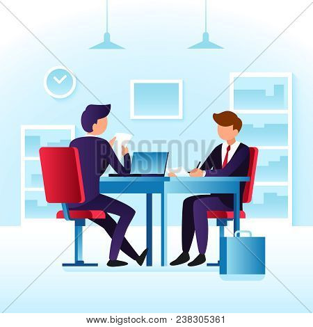 Contender Work Employees And Job Interview. Cartoon Man Employee And Interviewer Boss Meeting At Des