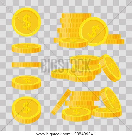 Set Coins Stack Vector Illustration, Icon Flat Finance Heap, Dollar Coin Pile. Golden Money Standing