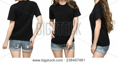 Set Promo Pose Girl In Blank Black Tshirt Mockup Design For Print And Concept Template Young Woman I