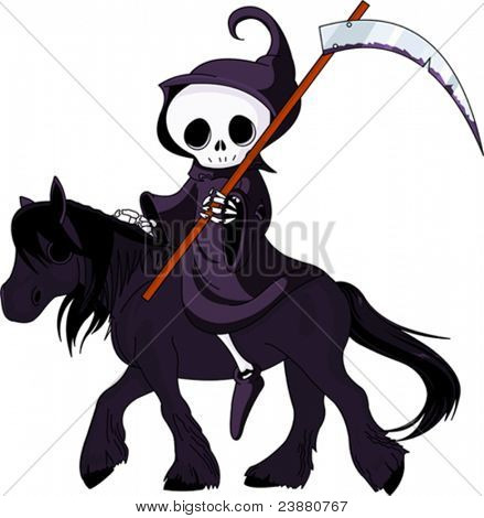 Cute cartoon grim reaper with scythe  riding black horse