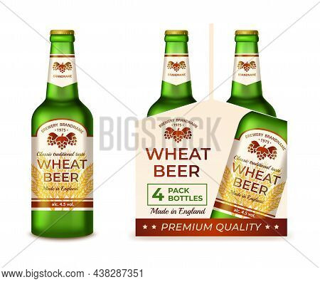 Realistic Detailed 3d Gren Glass Beer Bottle And Carrier Packaging Box Set Side View. Vector Illustr